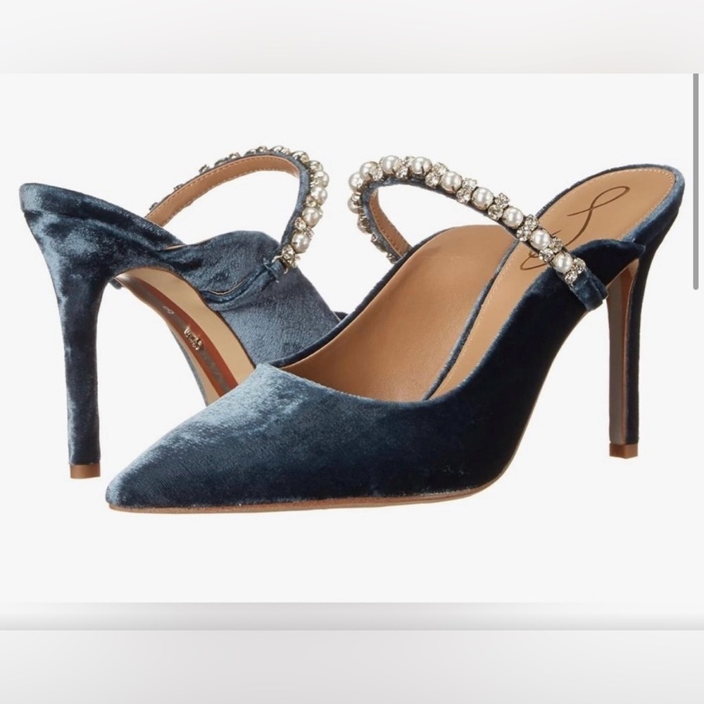 Sam Edelman Hyland Pointed Toe Crystal/Pearl Embellished Blue Suede Mules